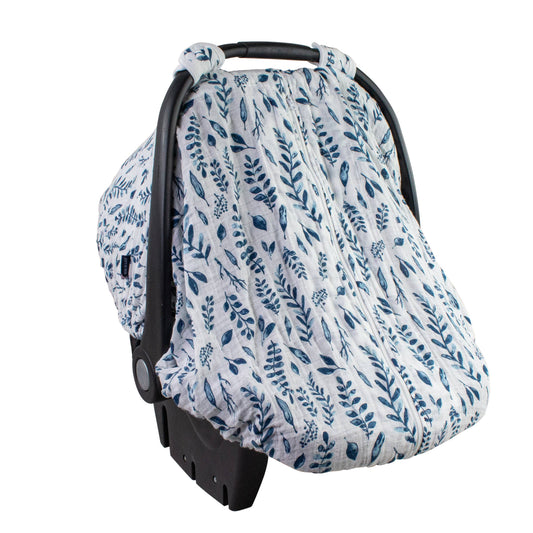 Muslin Car Seat Cover - Blue Leaves