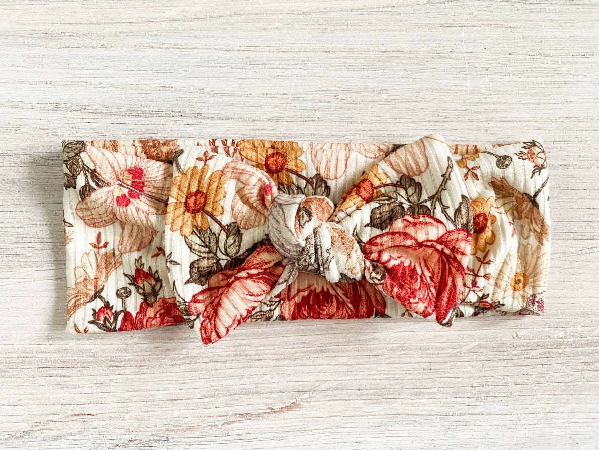 Bailey Ribbed Bow Headband - Rust Floral